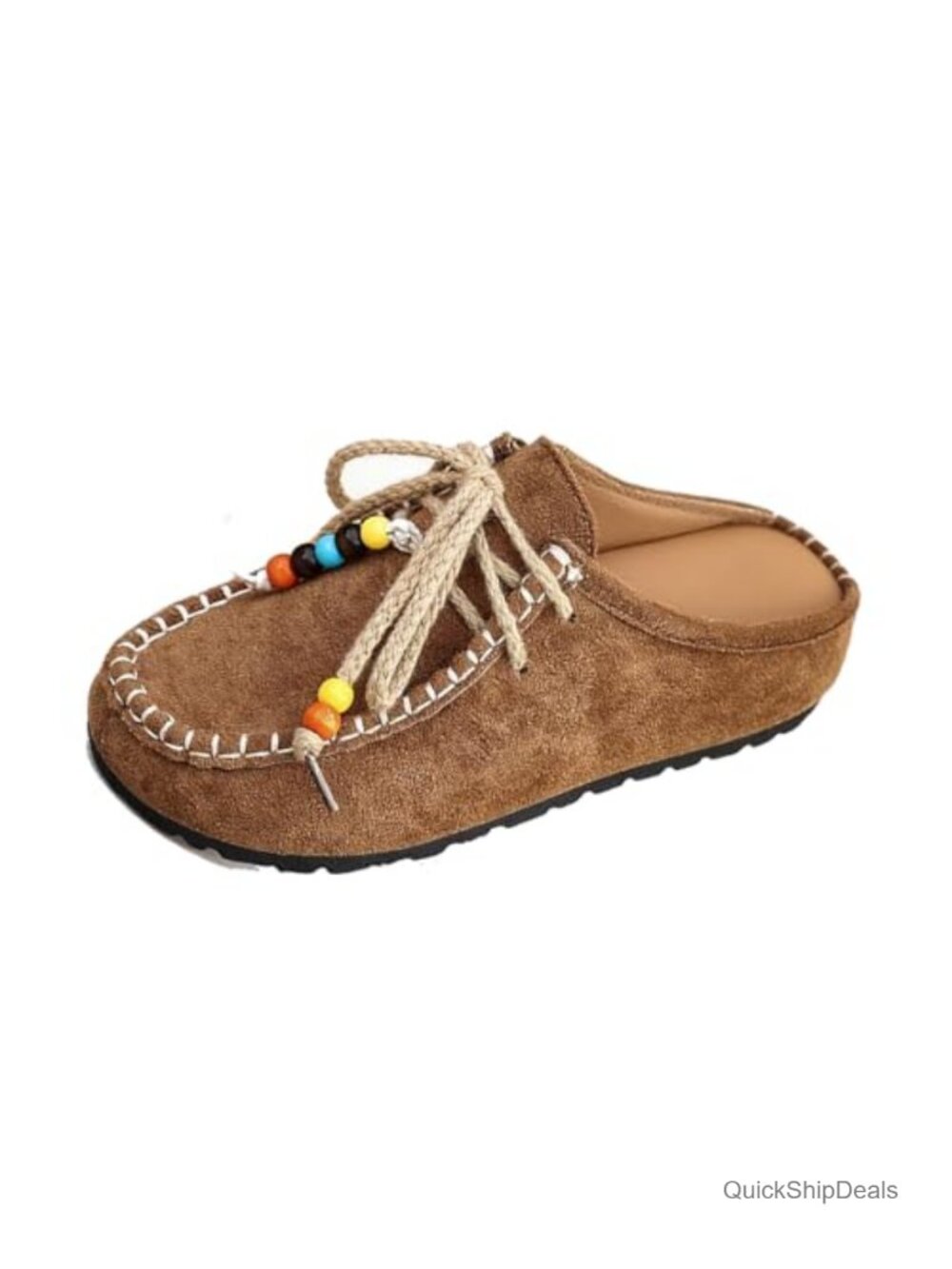 Suede Flat Mule Slippers Women Bohemian Beaded Comfortable Slip On